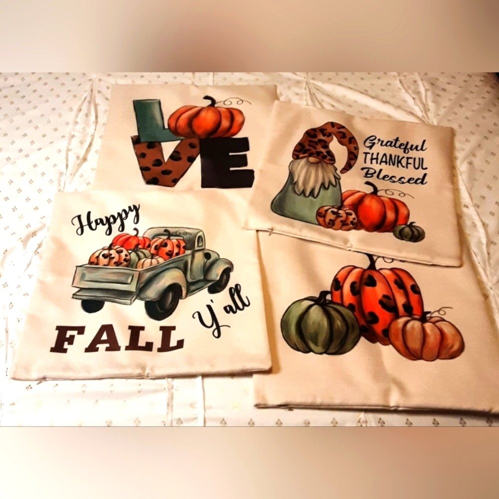 NEW Set of 4 Fall/Thanksgiving Pillowcovers - gnomes, leopard print